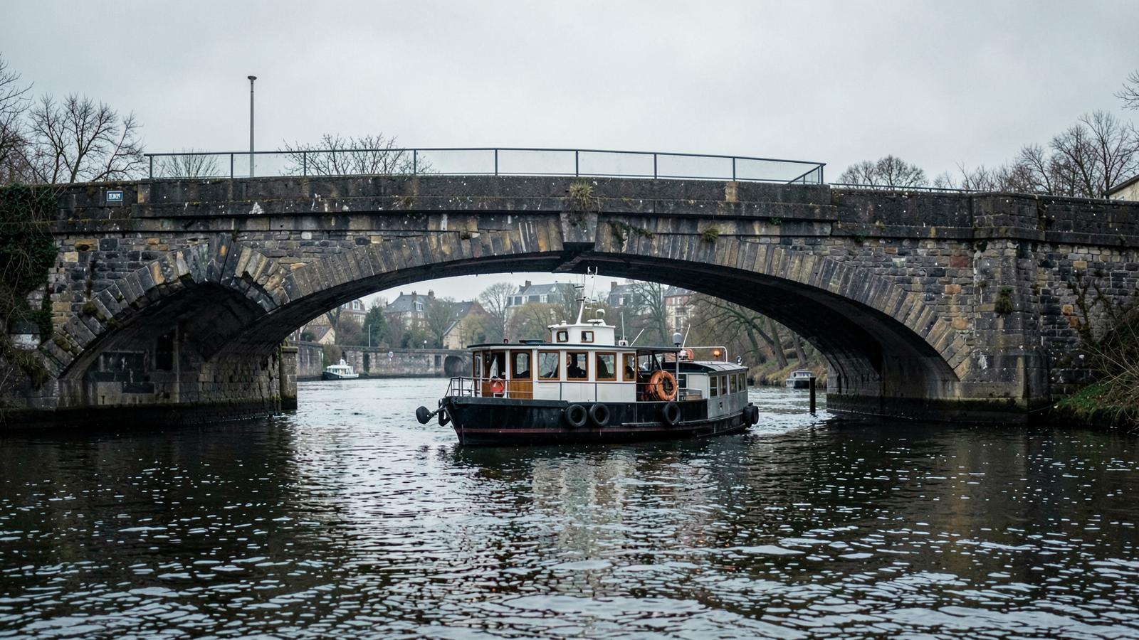 A low vessel passing beneath a stone arch bridge with limited clearance above its wheelhouse