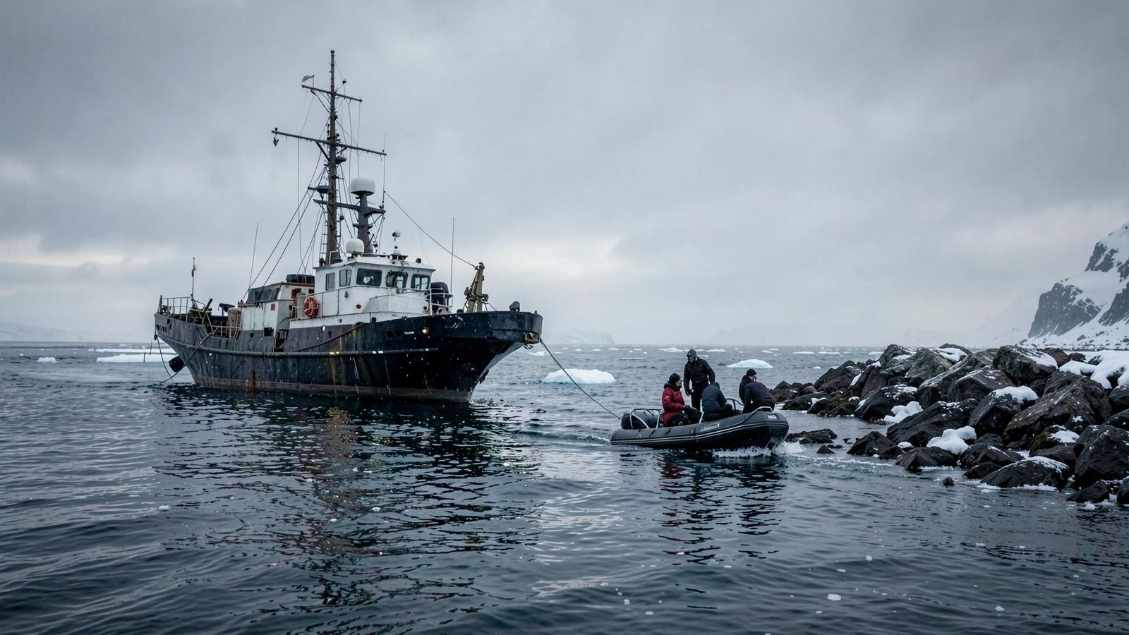 A small ice-strengthened ship at anchor in polar water while a few people in an inflatable boat approach a rocky shore