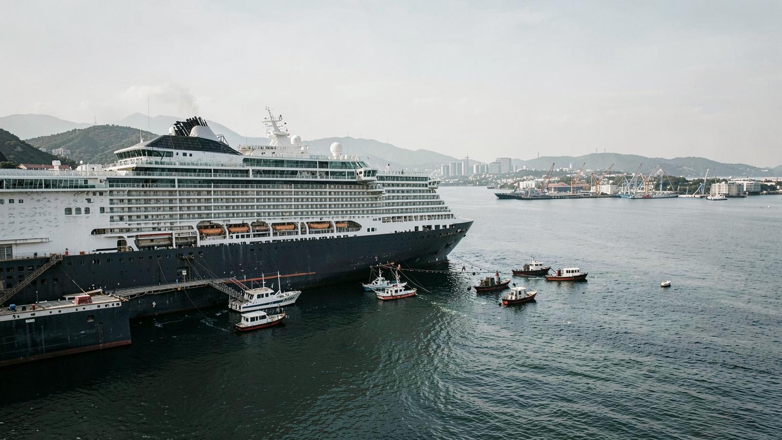 A large cruise ship lying alongside a quay with small boats working in the water beside it