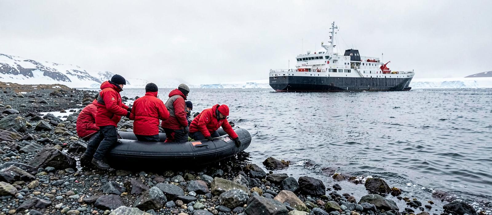 Passengers in expedition parkas stepping from an inflatable boat onto a rocky shoreline, with a small ship anchored offshore