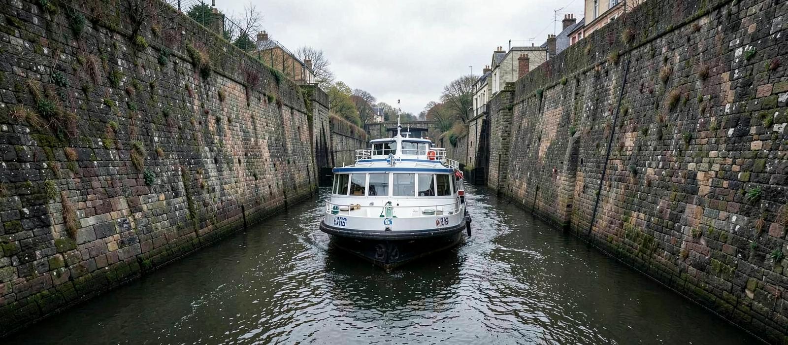 A river vessel entering a stone lock chamber only slightly wider than its hull