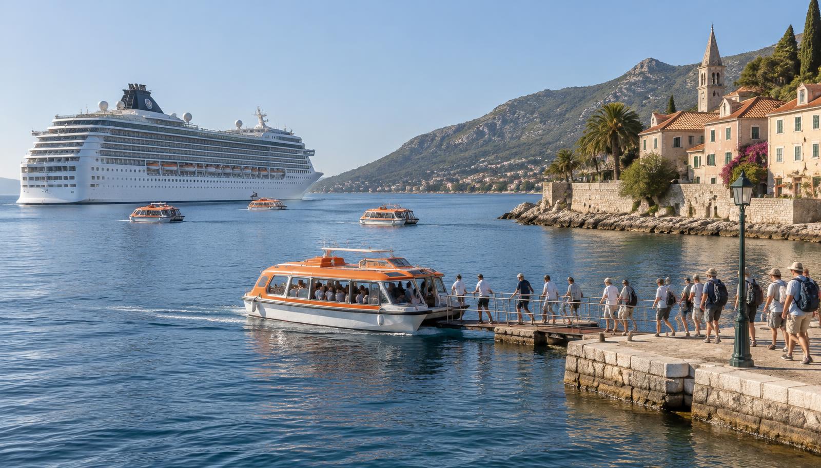 A cruise ship at anchor in a bay while tender boats carry passengers to a stone landing stage