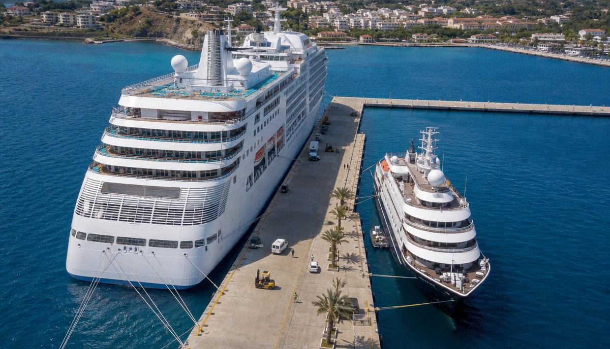 A large resort-style cruise ship and a smaller expedition-style vessel moored side by side at a Mediterranean pier, showing how ship size creates an immediate visual scale difference.